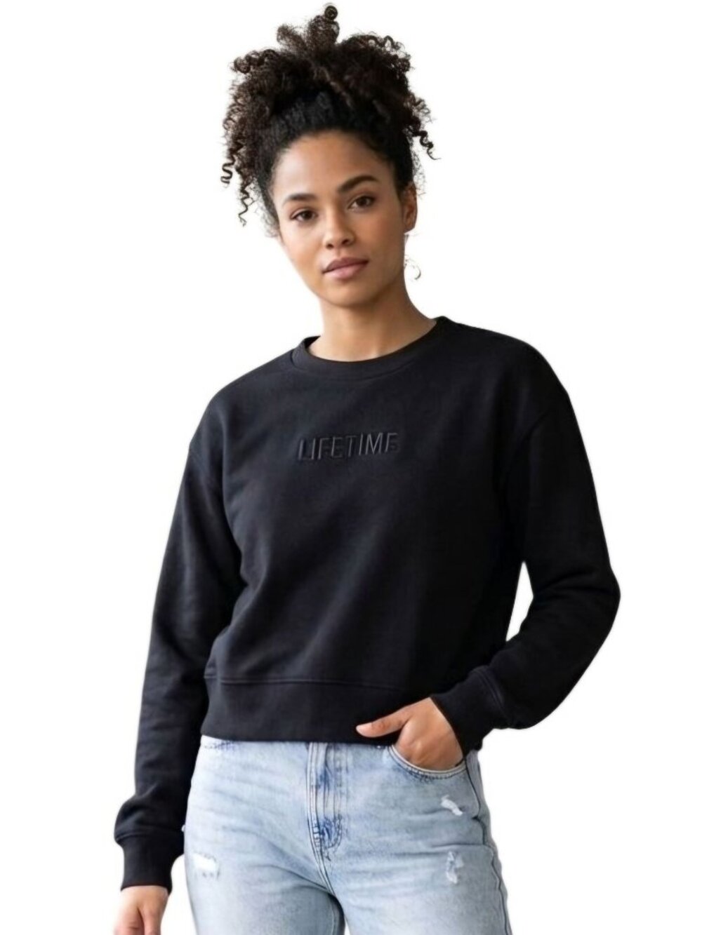 Lifetime Black On Black Embroidered Logo Crewneck Cropped Sweatshirt Size M